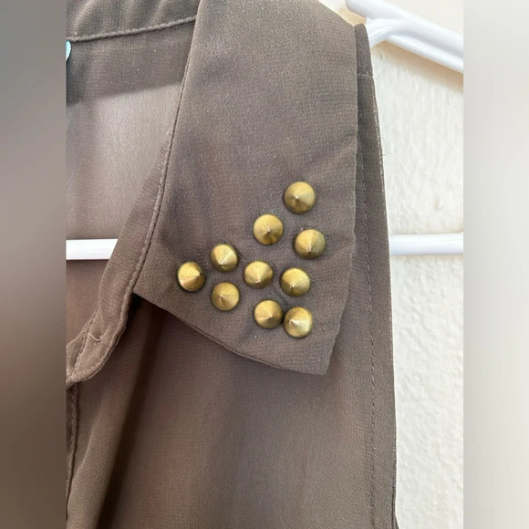 Army green silky blouse with brass accents and tie in front - Picture 4 of 7